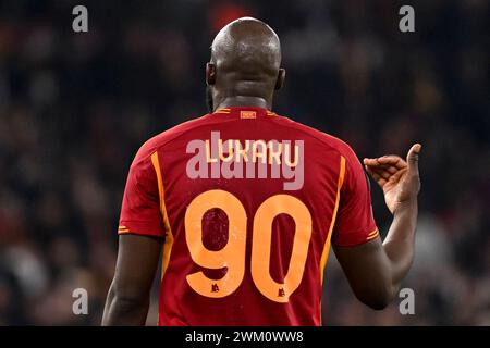 Romelu Lukaku de l'AS Roma gestes lors du match de football de l'Europa League entre L'AS Roma et Feyenoord au stade Olimpico à Rome (Italie), le 22 février 2024. Banque D'Images