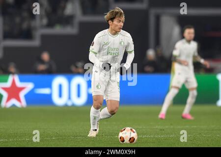 Ayase Ueda de Feyenoord lors du match de football de la Ligue Europa entre AS Roma et Feyenoord au stade Olimpico à Rome (Italie), le 22 février 2024. Banque D'Images