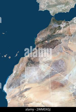 Image satellite couleur du Maroc, avec frontières et masque. Banque D'Images