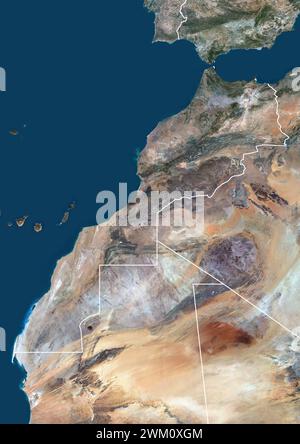 Image satellite couleur du Maroc et des pays voisins, avec frontières. Banque D'Images