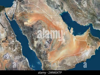 Image satellite couleur de l'Arabie saoudite et des pays voisins, avec frontières. Banque D'Images