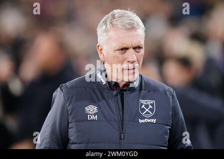 Photo du dossier datée du 01-02-2024 de l'entraîneur de West Ham United David Moyes qui a révélé que West Ham lui a offert un nouveau contrat, mais il n'a pas encore décidé s'il devait rester au club. Date d'émission : vendredi 23 février 2024. Banque D'Images