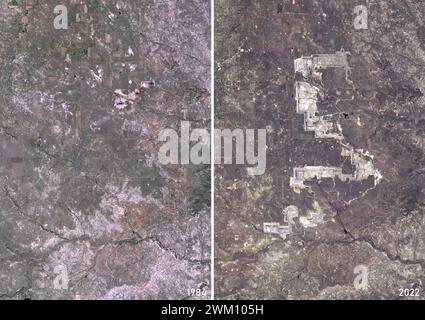 Image satellite en couleur de la mine North Antelope Rochelle en 1984 et 2022. Située dans le comté de Campbell, Wyoming, aux États-Unis, c'est la plus grande mine de charbon au monde. Banque D'Images