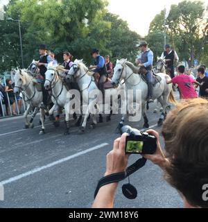 4065417 Arles, France, Feria du riz. Abrivado le long d'une route protégée par des barrières. Dans le passé, ce mot indiquait le travail des cow-boys (gardiens) qui montaient dans un groupe qui entourait les taureaux (généralement quatre) pour les transporter d'un pâturage à l'autre. Les garçons des villages le long du chemin essayaient d'arracher les taureaux et encore, pendant ce festival, les jeunes locaux transcendent les barrières et tentent d'attraper les taureaux ; (add.info.: Arles, France, Feria du riz. Abrivado le long d'une route protégée par des barrières. Dans le passé, ce mot indiquait le travail de cow-boys (gardiens) chevauchant dans un groupe qui entourait Banque D'Images