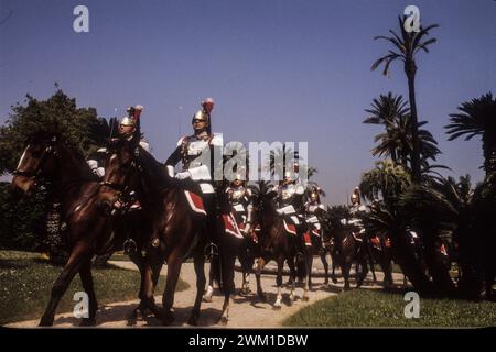 4067478 Rome, 1985. Cuirassier à cheval dans les jardins du palais du Quirinal, siège du président de la République italienne, dont ils sont la garde d'honneur ; (add.info.: Rome, 1985. Cuirassier à cheval dans les jardins du Palais du Quirinal, siège du Président de la République italienne, dont ils sont la garde d'honneur Roma, 1985. Corazzieri a cavallo nei giardini del palazzo del Quirinale, sede del Presidente della Repubblica italiana di cui sono la guardia d'onore) ; © Marcello Mencarini. Tous droits réservés 2024. Banque D'Images