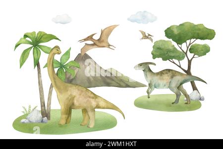 Illustration aquarelle d'un dinosaure diplodocus, parasaurolophus et ptérodactyl sur herbe verte avec palmiers, montagnes, nuages, aquarelle Banque D'Images