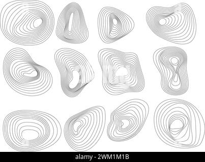 anneaux d'arbre abstrait vectoriel. cercles courbes en forme de bulle d'amibe organique. concept de carte topographique. fines lignes noires. motif de lignes topographiques de contour Illustration de Vecteur