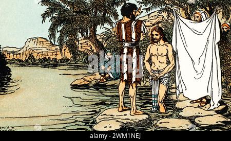 Jésus est baptisé dans le fleuve Jourdain. Donn Philip Crane (1878-1944). Le baptême de Jésus, la purification rituelle de Jésus avec de l'eau par Jean-Baptiste, a été un événement majeur décrit dans les trois évangiles synoptiques du Nouveau Testament. Il est considéré comme ayant eu lieu à Al-Maghtas, aujourd'hui situé en Jordanie. Banque D'Images