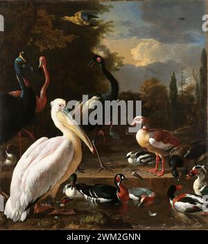 Pélican et autres oiseaux près d'une piscine, connu sous le nom de «la plume flottante», Melchior d'Hondecoeter, vers 1680 Banque D'Images