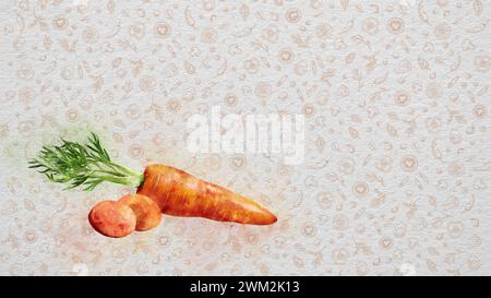 Fruits et légumes aquarelles. Carotte. Le texte et le prix peuvent être écrits sur le côté droit ou le côté supérieur de l'image. Les valeurs nutritionnelles peuvent être écrites. Banque D'Images