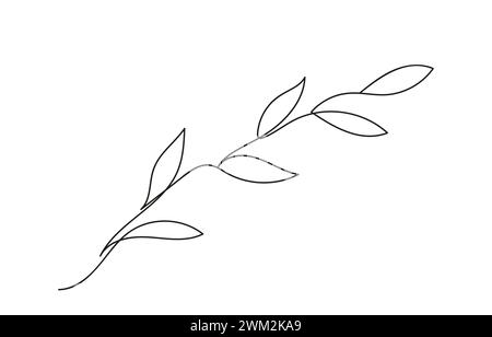 Dessin continu d'une ligne de branche d'olivier. Ligne Branche avec feuilles. Usine. Concept de paix, élément organique. Toile de fond blanche. Élément de conception pour impression, carte postale, scrapbooking, livre de coloriage. Illustration de Vecteur