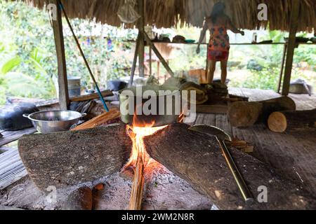 Une femme Embera prépare de la nourriture dans un pot en feu dans le village Embera, parc national de Chagres, République du Panama, Amérique centrale Banque D'Images