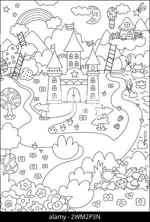 Illustration de paysage à thème de licorne noire et blanche vectorielle. Scène de ligne de conte de fées avec château, arc-en-ciel, forêt, trésors, jardin. Backg nature magique Illustration de Vecteur