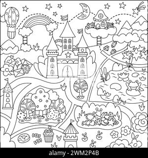 Carte du village en noir et blanc Unicorn. Fond de ligne de conte de fées. Page de coloriage de pays magique de vecteur avec château, arc-en-ciel, forêt, étang, route. Fantaisie w Illustration de Vecteur