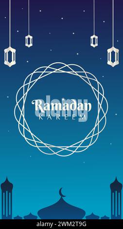 Un beau ciel nocturne bleu avec des étoiles étincelantes et des ornements de lanterne argentés luxueux. Conception de bannière islamique verticale pour les histoires de médias sociaux Illustration de Vecteur