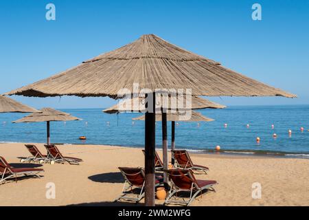 Plage de sable à Fujairah, Émirats arabes Unis, avec parasols de chaume et chaises longues, vue sur la mer et le ciel bleu, pas de gens. Banque D'Images