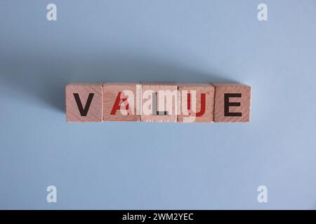 Symbole de valeur. Valeur du mot concept sur les cubes en bois. Main d'homme d'affaires. Beau fond gris avec plante succulente. Concept d'entreprise et de valeur. Banque D'Images