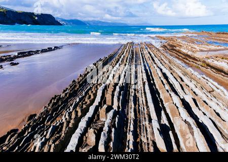 Flysch sur la plage d'Itzurun. Zumaya, Guipúzcoa, País Vasco, Espagne, Europe Banque D'Images