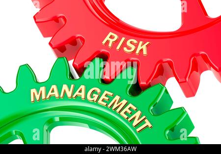 Concept de gestion des risques avec roues dentées colorées. Rendu 3D isolé sur fond blanc Banque D'Images