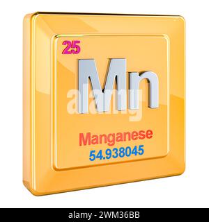 Manganèse Mn, signe d'élément chimique avec le numéro 25 dans le tableau périodique. Rendu 3D isolé sur fond blanc Banque D'Images