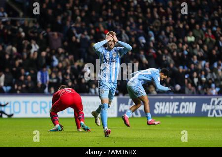Coventry, Royaume-Uni. 23 février 2024. Josh Eccles de Coventry City réagit au Sky Bet Championship match Coventry City vs Preston North End à Coventry Building Society Arena, Coventry, Royaume-Uni, 23 février 2024 (photo par Gareth Evans/News images) à Coventry, Royaume-Uni le 23/02/2024. (Photo de Gareth Evans/News images/SIPA USA) crédit : SIPA USA/Alamy Live News Banque D'Images