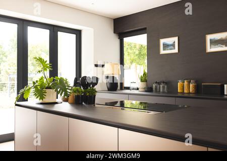 L'intérieur de la cuisine moderne présente un design élégant et un éclairage naturel Banque D'Images