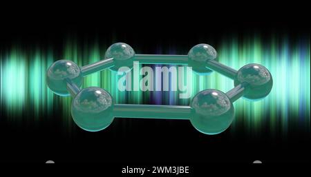 Image de micro 3d de molécules sur des traînées de lumière verte sur fond noir Banque D'Images