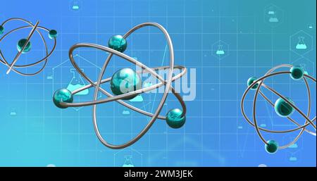 Image des icônes de chimie et des atomes sur fond bleu Banque D'Images