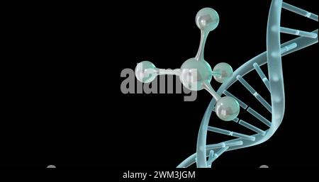 Image de micro 3d de molécules et brin d'adn sur fond noir Banque D'Images