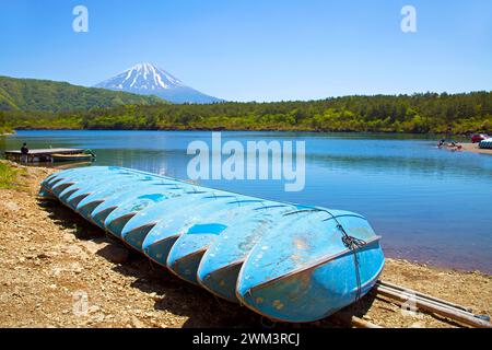 Bateaux au lac Saiko, l'un des Fuji Five Lakes.in Fujikawaguchiko, Japon. Banque D'Images