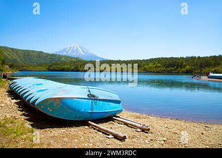 Bateaux au lac Saiko, l'un des Fuji Five Lakes.in Fujikawaguchiko, Japon. Banque D'Images