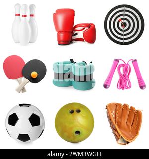 Balles et autres équipements sportifs isolés sur blanc, ensemble Banque D'Images