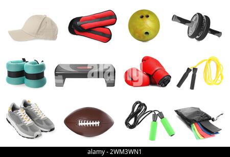 Balles et autres équipements sportifs isolés sur blanc, ensemble Banque D'Images
