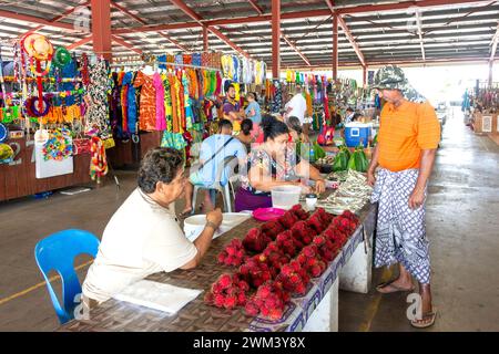 Étal de fruits Rambutan au marché municipal de Suva, Fugalei Street, Apia, île d'Upolu, Samoa Banque D'Images