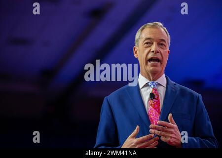 National Harbor, Maryland, États-Unis. 23 février 2024. Nigel Farage à la Conférence d'action politique conservatrice (CPAC) 2024 à National Harbor, Maryland, États-Unis, le vendredi 23 février, 2024. crédit : Annabelle Gordon/CNP/dpa/Alamy Live News Banque D'Images