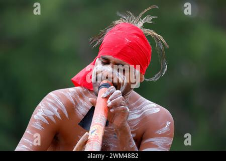 Brisbane, Australie. 24 février 2024. Une représentation aborigène ouvre officiellement la Coupe du monde de course BMX UCI au complexe sportif Sleeman. Crédit : Matthew Starling / Alamy Live News Banque D'Images