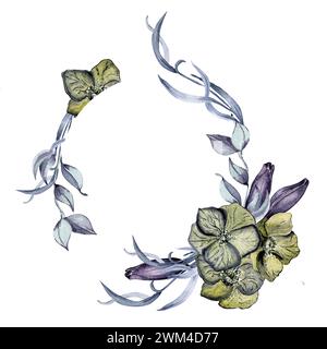 Cadre de cercle floral gothique dessiné à la main. Fleurs vert foncé et illustration d'aquarelle de feuillage isolé sur blanc. Art botanique avec hellebore, feuilles. Banque D'Images