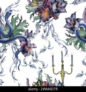 Motif floral gothique sans couture avec serpent isolé sur blanc. Fleur d'iris violet et aquarelle de lis noir. Décoration d'art botanique pour mariage noir, Banque D'Images
