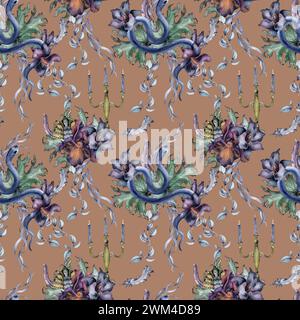 Motif floral gothique sans couture avec serpent isolé sur rose. Fleur d'iris violet et aquarelle de lis noir. Décoration d'art botanique pour mariage noir, Banque D'Images