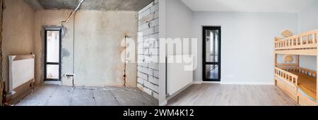 Comparaison de la chambre des enfants avec des lits superposés en bois avant et après la restauration. Ancienne chambre d'appartement avec mur en brique et appartement neuf rénové avec parquet et lit d'enfant. Banque D'Images