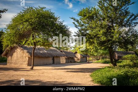 Huttes traditionnelles en chaume de boue et de bois, ou enkangs, dans un village Massaï à Mikumi, Tanzanie Banque D'Images