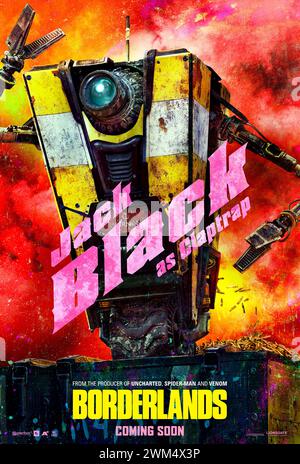 Borderlands (2024) réalisé par Eli Roth et mettant en vedette Jack Black comme la voix de Claptrap dans une sortie sur grand écran basée sur le jeu vidéo populaire se déroulant sur la planète abandonnée de Pandore où les gens recherchent une relique mystérieuse. Affiche de personnage ***USAGE ÉDITORIAL SEULEMENT***. Crédit : BFA / Lionsgate Banque D'Images