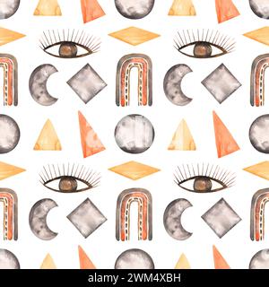 Aquarelle abstrait motif sans couture, yeux mouillés à la mode, arc-en-ciel, lune et objet géométrique papier de répétition d'aquarelle Banque D'Images