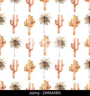 Aquarelle abstrait cactus beige et feuilles motif sans couture, papier de répétition aquarelle humide à la mode Banque D'Images