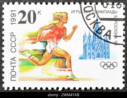 Timbre-poste imprimé par l'URSS, qui montre Runner, Jeux olympiques d'été Barcelone 1992, vers 1991. Banque D'Images