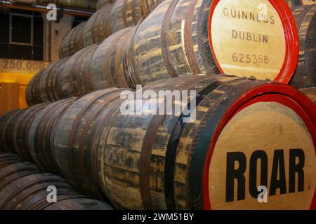 Barils de bière Guinness dans le musée de l'entrepôt de la brasserie Guinness, une partie de la société de boissons de Diageo, Dublin Banque D'Images