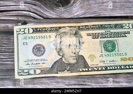Face avers de 20 dollars USD, fond de billet de vingt dollars américains, billet de banque en dollars américains avec la photo d'Andrew Jackson les sept Banque D'Images
