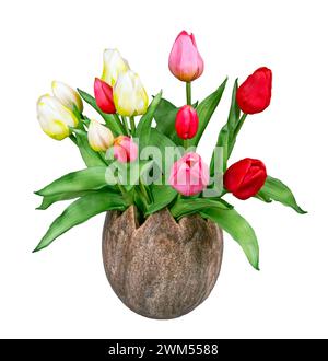 Déco printanière avec tulipes artificail isolées sur blanc dans un vase Banque D'Images