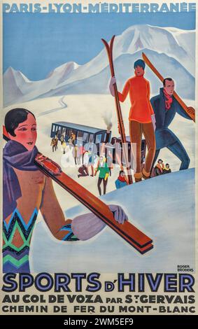 Affiche de voyage vintage pour les sports d'hiver. Sports d'hiver Col de Voza par St-Gervais. France de Roger Broders, années 1920 Scène de ski dans la moun enneigée du Mont Blanc. Banque D'Images