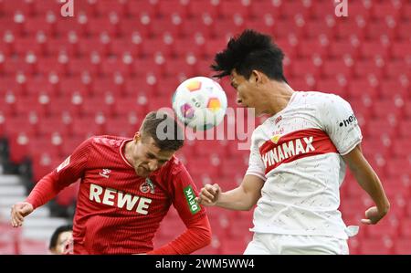 24 février 2024, Baden-Württemberg, Stuttgart : football : Bundesliga, VfB Stuttgart - 1. FC Köln, Journée 23, à la MHPArena. Rasmus Carstensen de Cologne (l) est en tête du bal avec Woo-yeon Jeong de Stuttgart. Photo : Marijan Murat/dpa - NOTE IMPORTANTE : conformément aux règlements de la DFL German Football League et de la DFB German Football Association, il est interdit d'utiliser ou de faire utiliser des photographies prises dans le stade et/ou du match sous forme d'images séquentielles et/ou de séries de photos de type vidéo. Banque D'Images